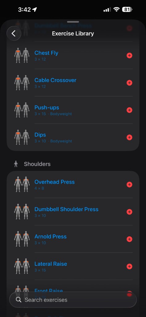 Exercise library organized by muscle group with Chest and Shoulders sections